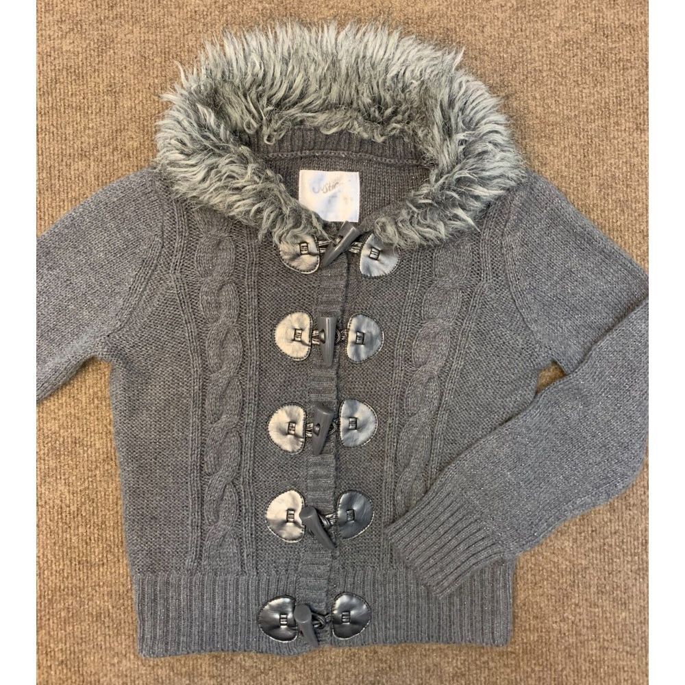 Vintage Justice Sweater Girls 8 Cardigan Fur Collar Cable Knit Toggle Button Y2K